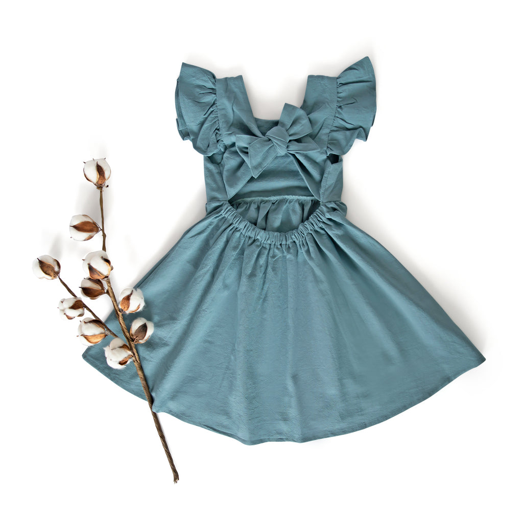 Linen-Cotton Blend Baby Dress: Back Bow Girl's Dress