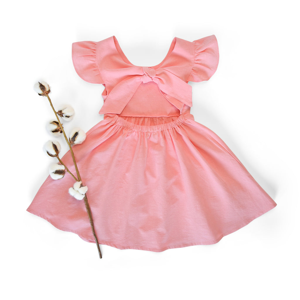 Linen-Cotton Blend Baby Dress: Back Bow Girl's Dress